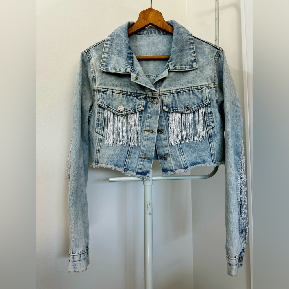 Fringe Denim Jean Jacket size small fits medium